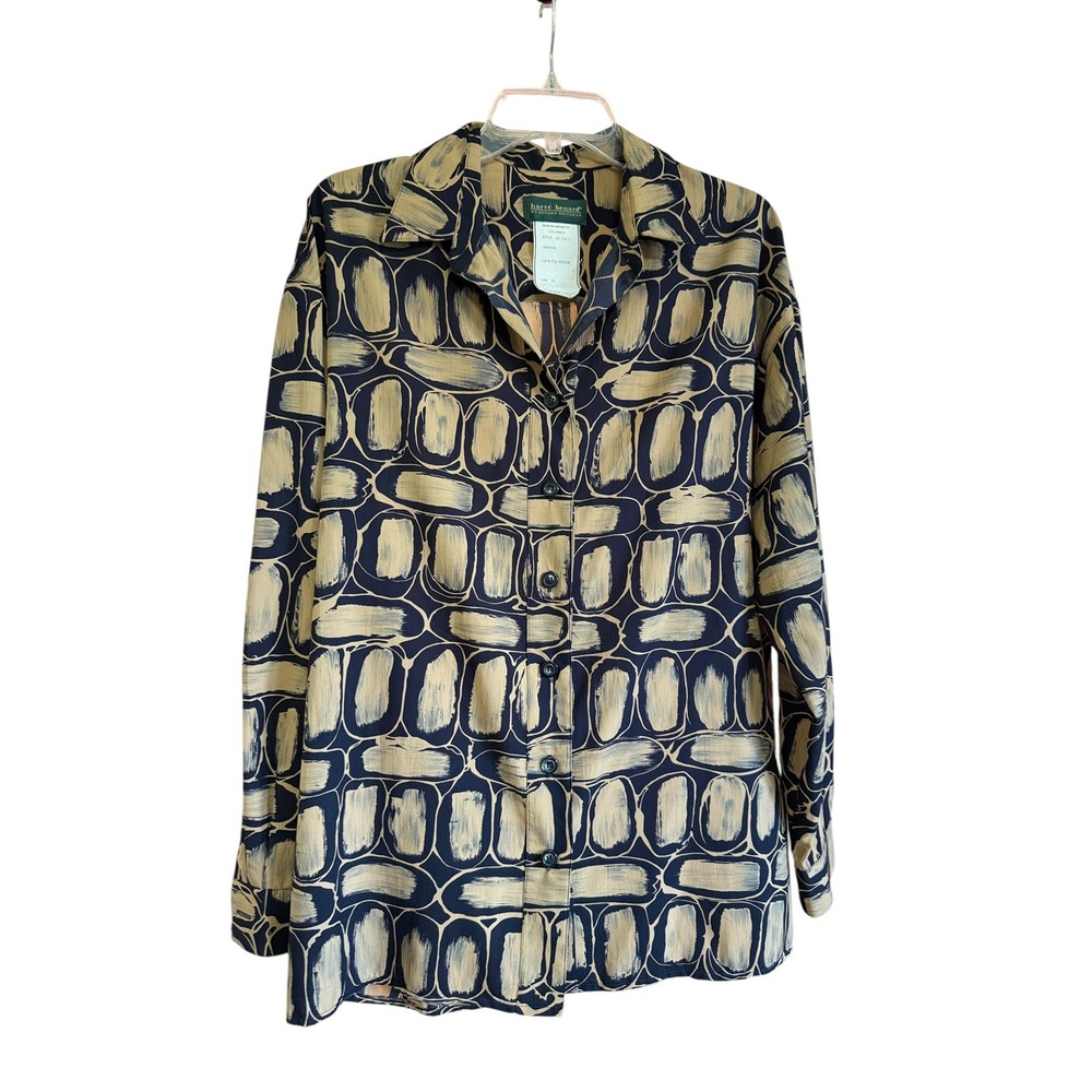 Harve Benard Navy Tan Abstract Geometric Button Downโ Blouse Top Size 12